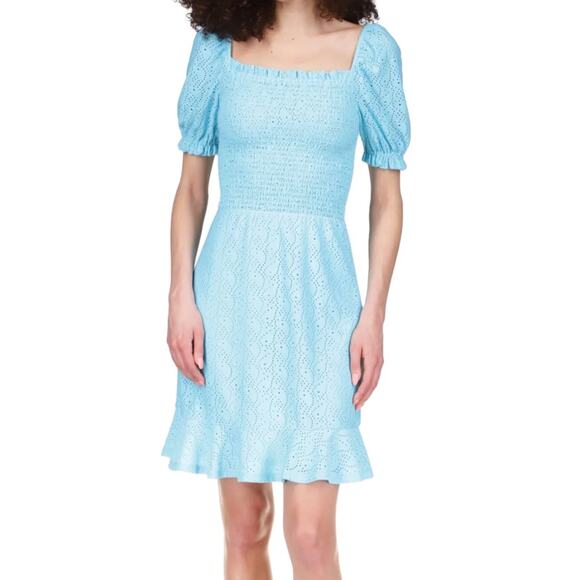 NWT Michael Kors Aqua Smocked Eyelet Peasant Dress – Women’s Small - Picture 1 of 8